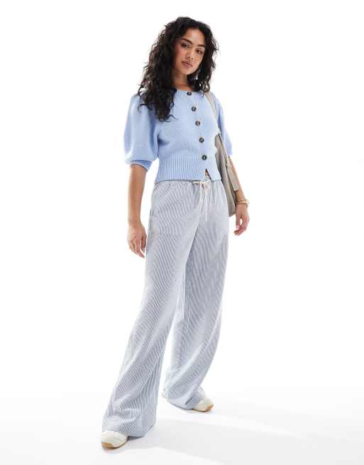 ASOS DESIGN crew neck cardigan with puff sleeve in blue
