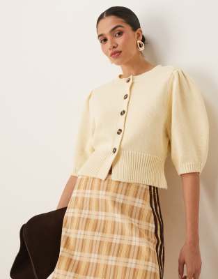 Asos Design Crew Neck Cardigan With Puff Sleeve In Yellow