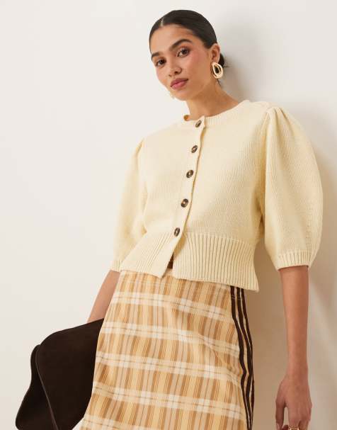 ASOS DESIGN crew neck cardigan with puff sleeve in buttermilk - view 1