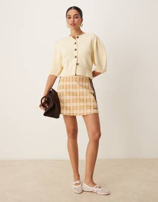 Asos Design Crew Neck Cardigan With Puff Sleeve In Yellow