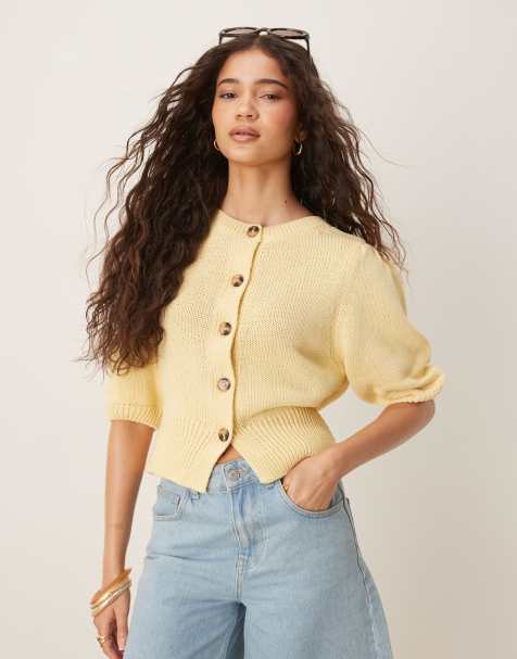 ASOS DESIGN crew neck cardigan with puff sleeve in buttermilk - view 1