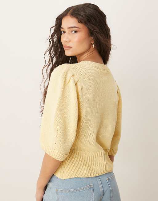 ASOS DESIGN crew neck cardigan with puff sleeve in buttermilk