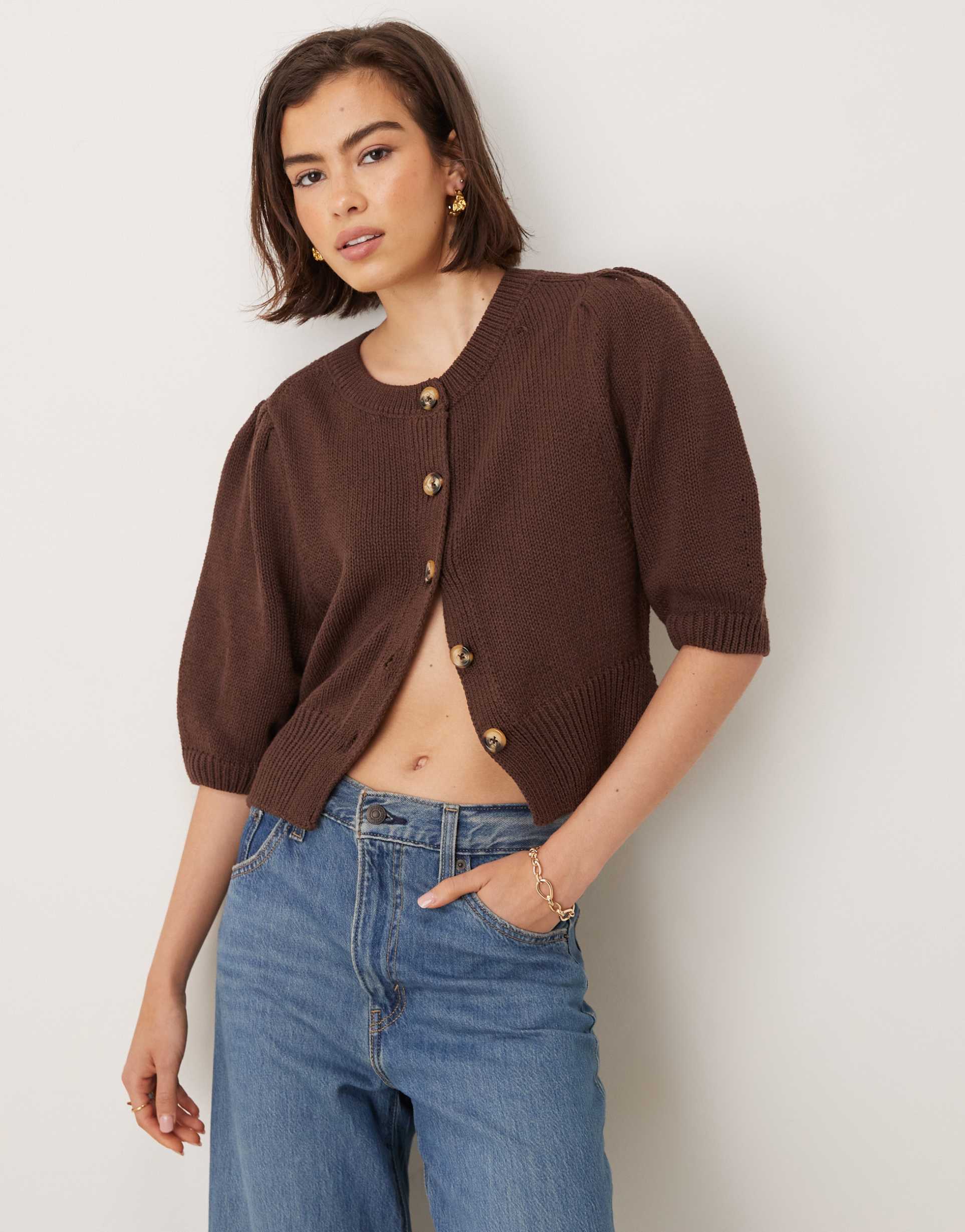 asos design crew neck cardigan with puff sleeve in chocolate