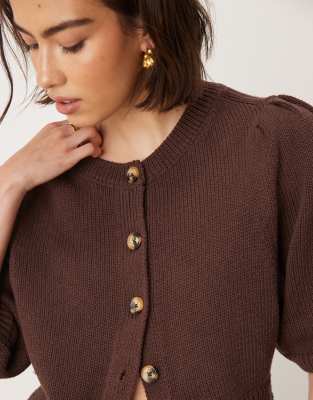 Asos Design Crew Neck Cardigan With Puff Sleeve In Brown