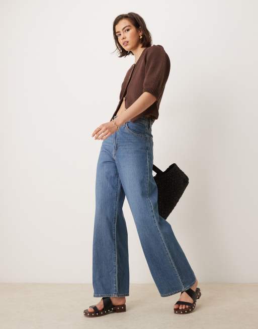 ASOS DESIGN crew neck cardigan with puff sleeve in chocolate