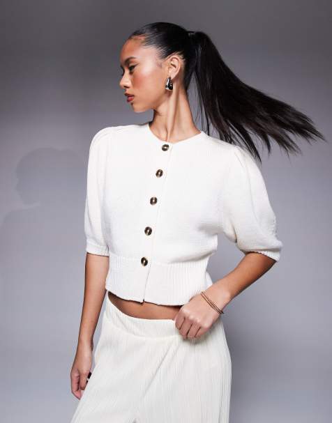 ASOS DESIGN crew neck cardigan with puff sleeve in cream - view 1
