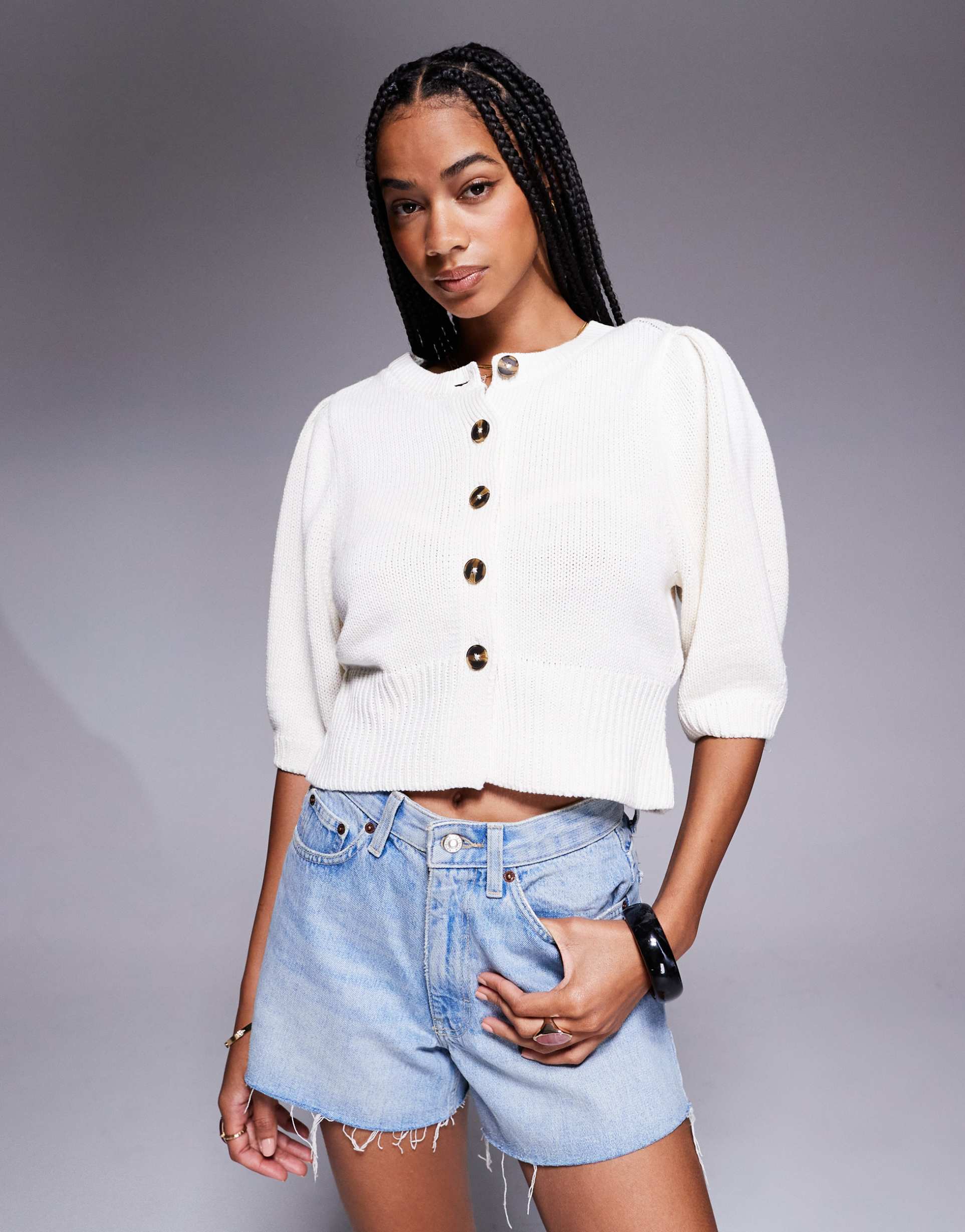 asos design crew neck cardigan with puff sleeve in cream