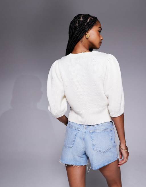 ASOS DESIGN crew neck cardigan with puff sleeve in cream