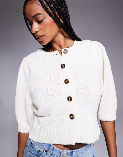 ASOS DESIGN crew neck cardigan with puff sleeve in cream