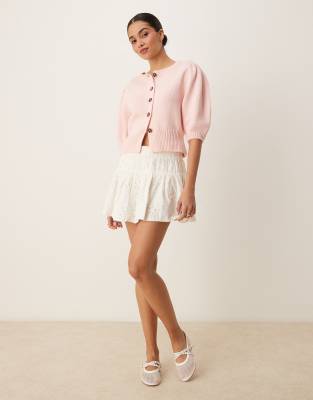 Asos Design Crew Neck Cardigan With Puff Sleeve In Pink
