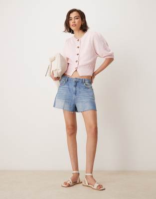 Asos Design Crew Neck Cardigan With Puff Sleeve In Pink