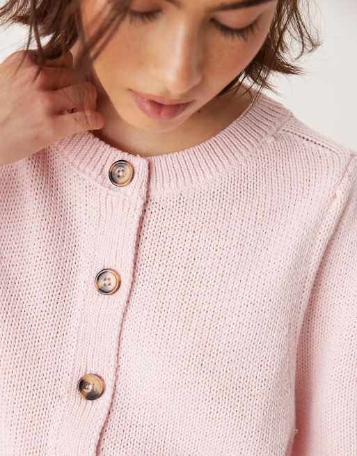 ASOS DESIGN crew neck cardigan with puff sleeve in pink