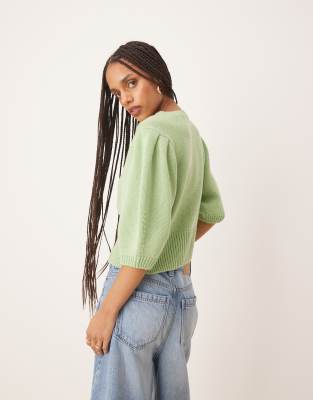 Asos Design Crew Neck Cardigan With Puff Sleeve