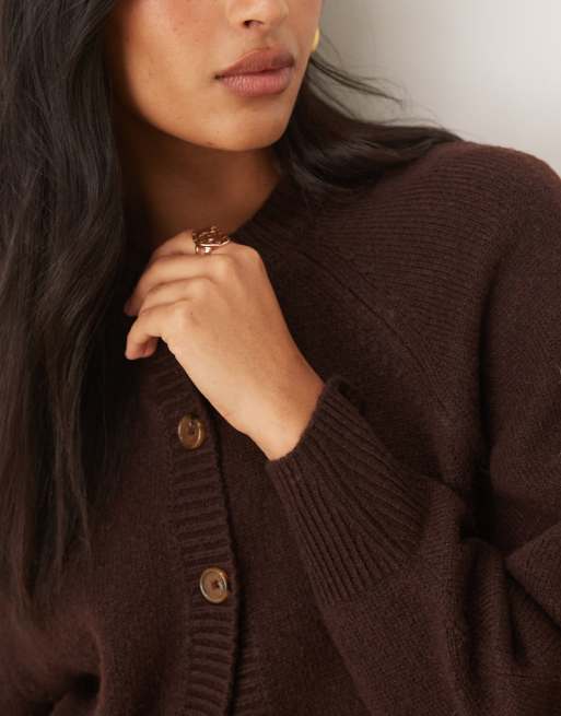 ASOS DESIGN crew neck cardigan with raglan sleeve detail in chocolate