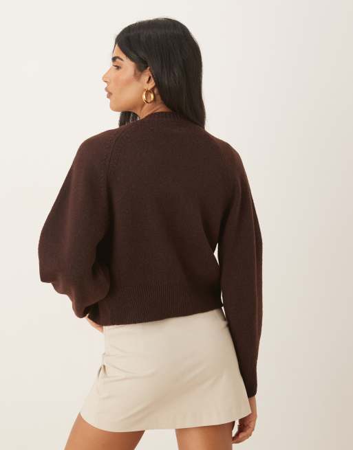 ASOS DESIGN crew neck cardigan with raglan sleeve detail in chocolate