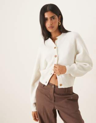 crew neck cardigan with raglan sleeve detail in cream-White