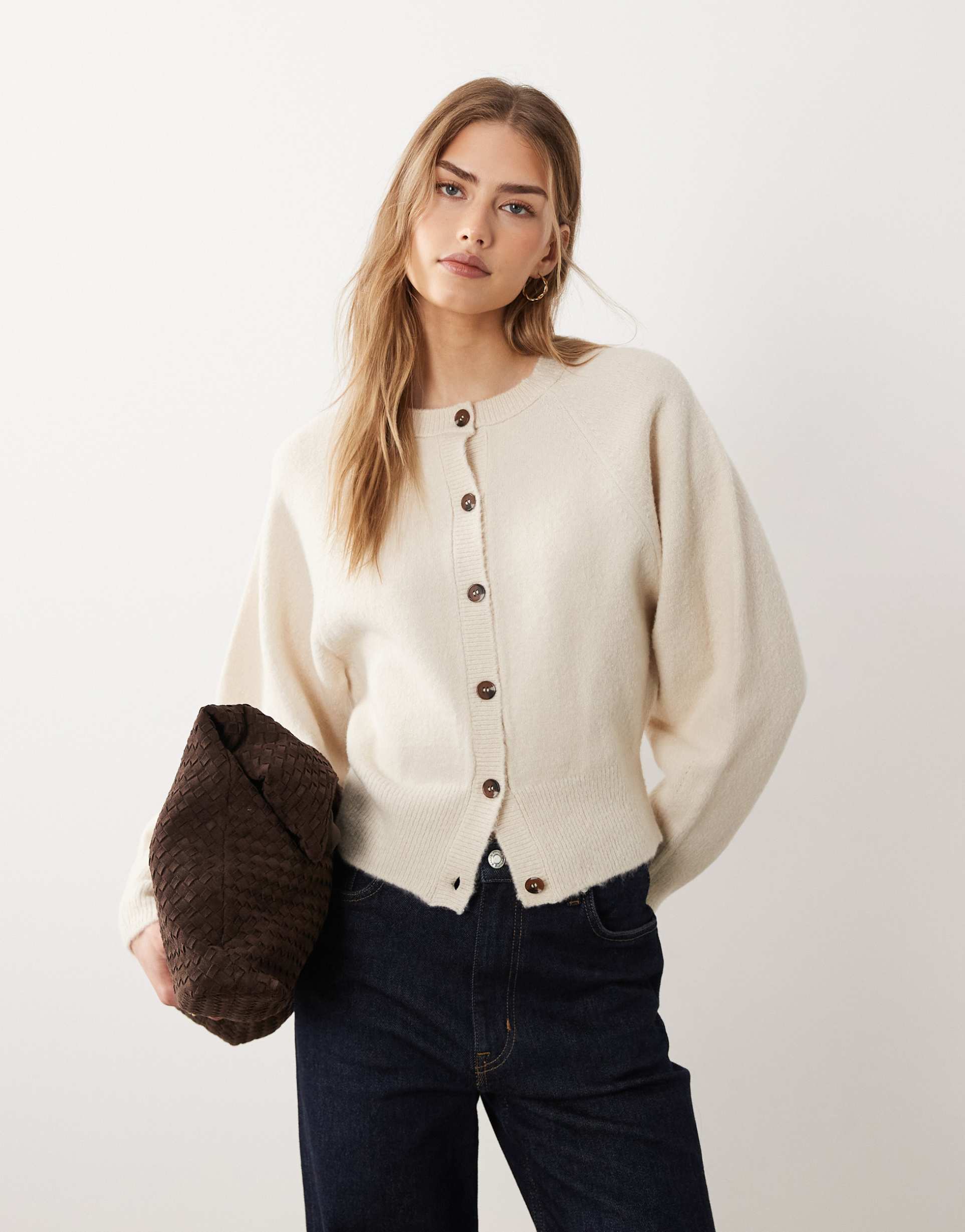 asos design crew neck cardigan with raglan sleeve detail in cream