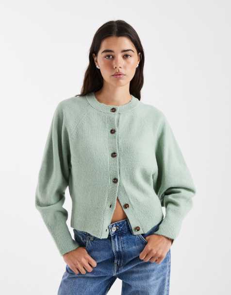 ASOS DESIGN crew neck cardigan with raglan sleeve detail in mint green - view 1