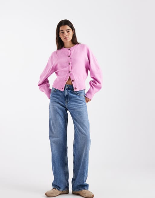 ASOS DESIGN crew neck cardigan with raglan sleeve detail in pink, 4 of 4