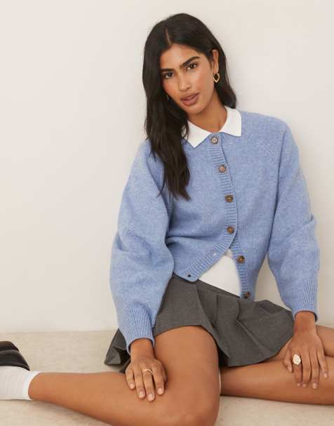 ASOS DESIGN crew neck cardigan with raglan sleeve detailing in blue - view 1