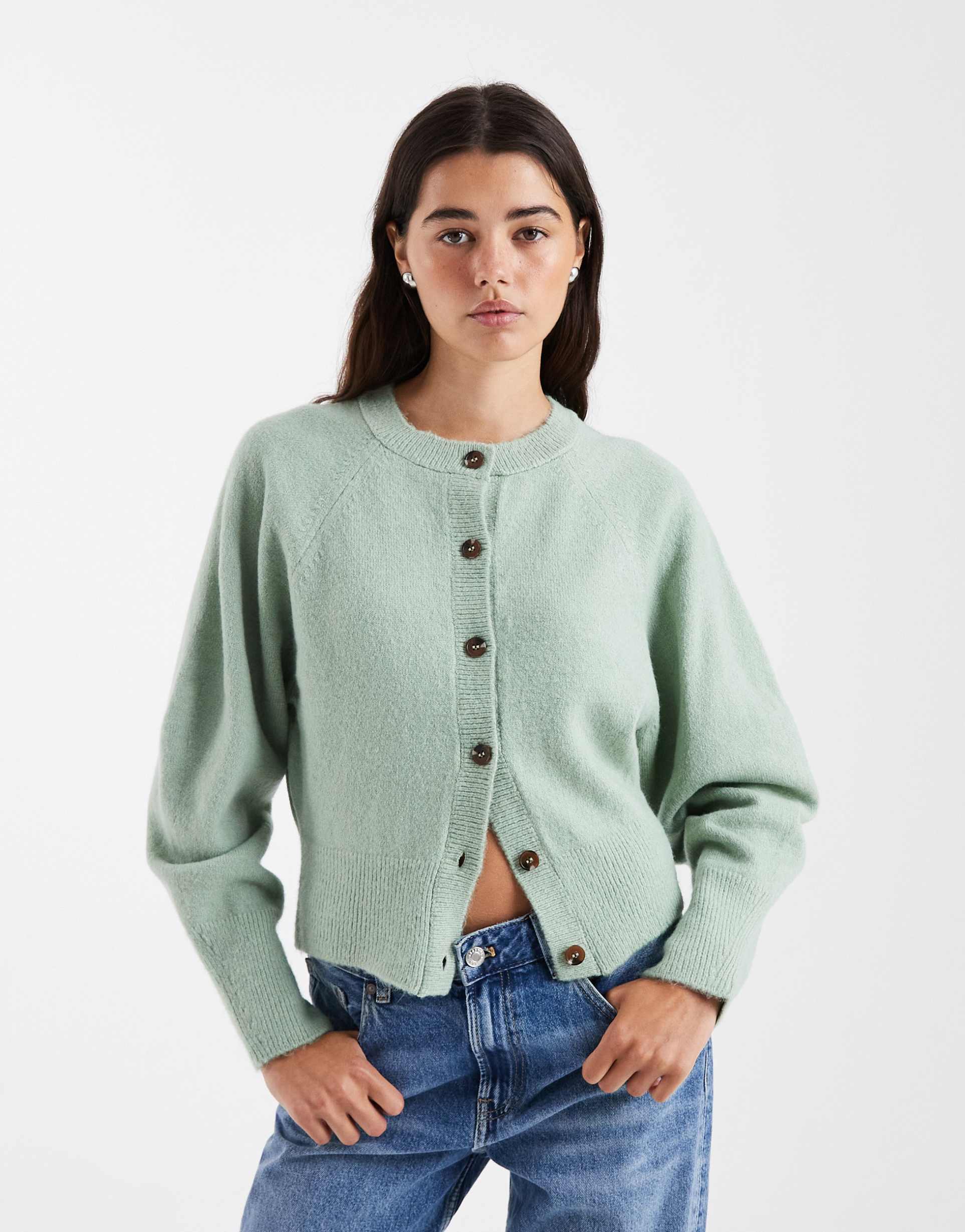 asos design crew neck cardigan with raglan sleeve detailing in duck egg blue