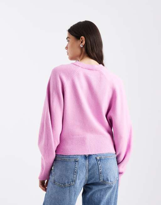 ASOS DESIGN crew neck cardigan with raglan sleeve detailing in pink, 2 of 4