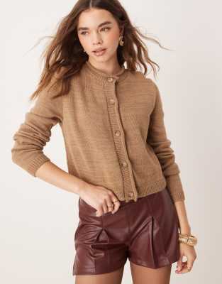 crew neck cardigan with rolled edge detail in taupe-White