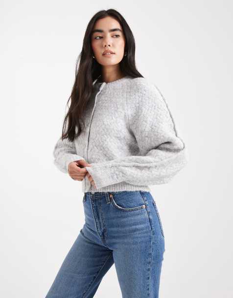ASOS DESIGN crew neck cardigan with stitch detail in light gray - view 1