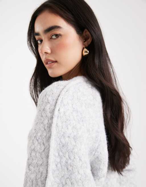 ASOS DESIGN crew neck cardigan with stitch detail in light gray