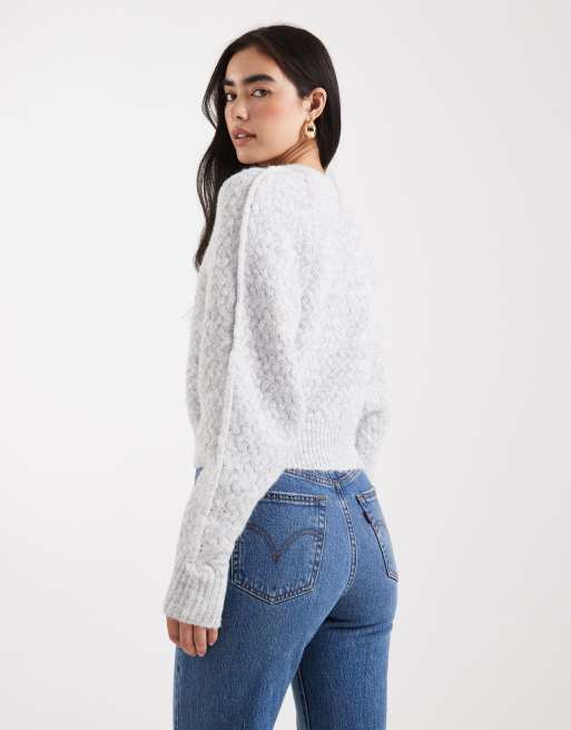 ASOS DESIGN crew neck cardigan with stitch detail in light grey, 4 of 4