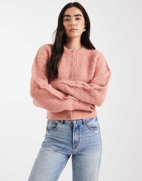 ASOS DESIGN crew neck cardigan with stitch detail in light pink - view 1