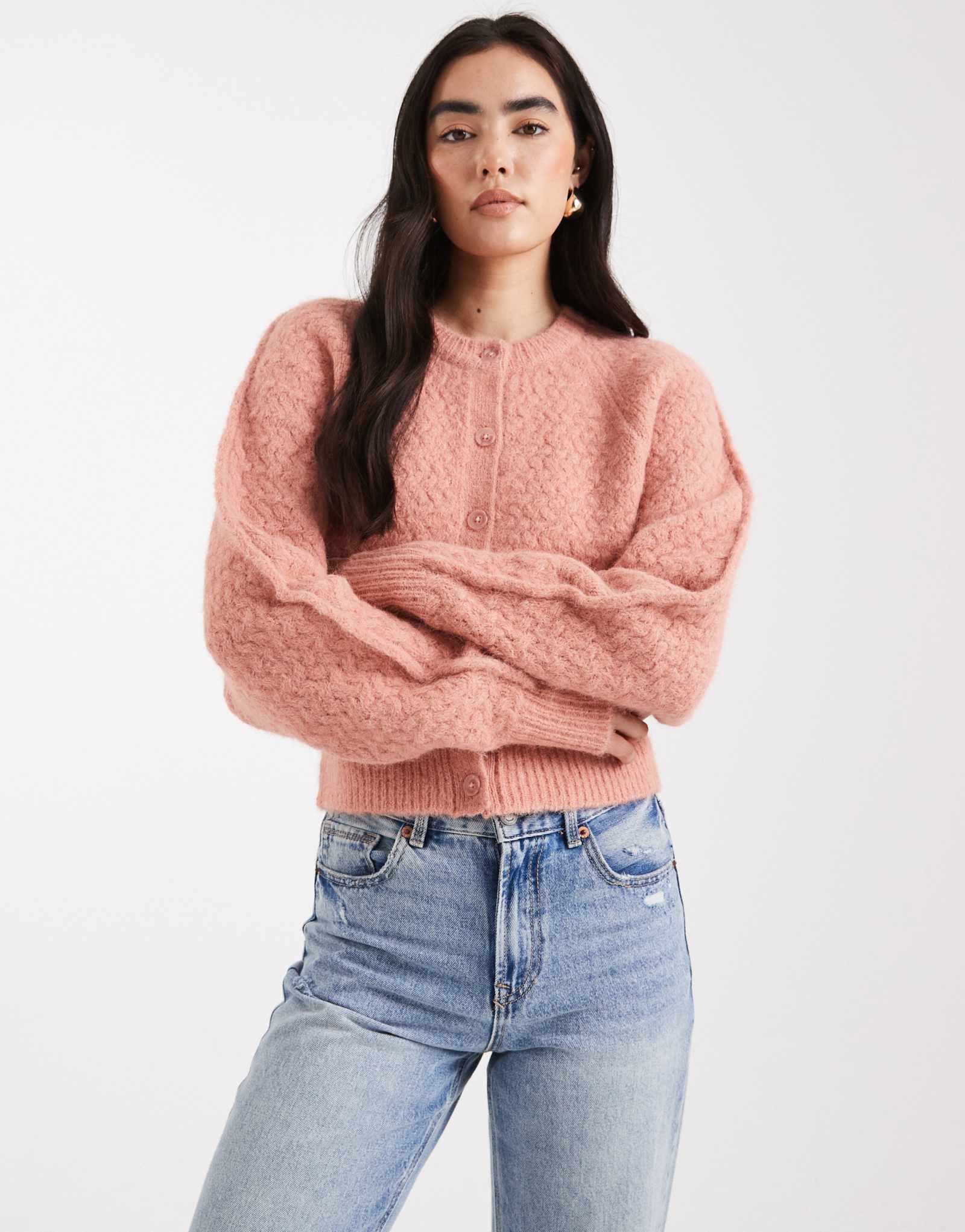 Дизайнерский кардиган ASOS с круглым вырезом и стежками светло-розового цвета