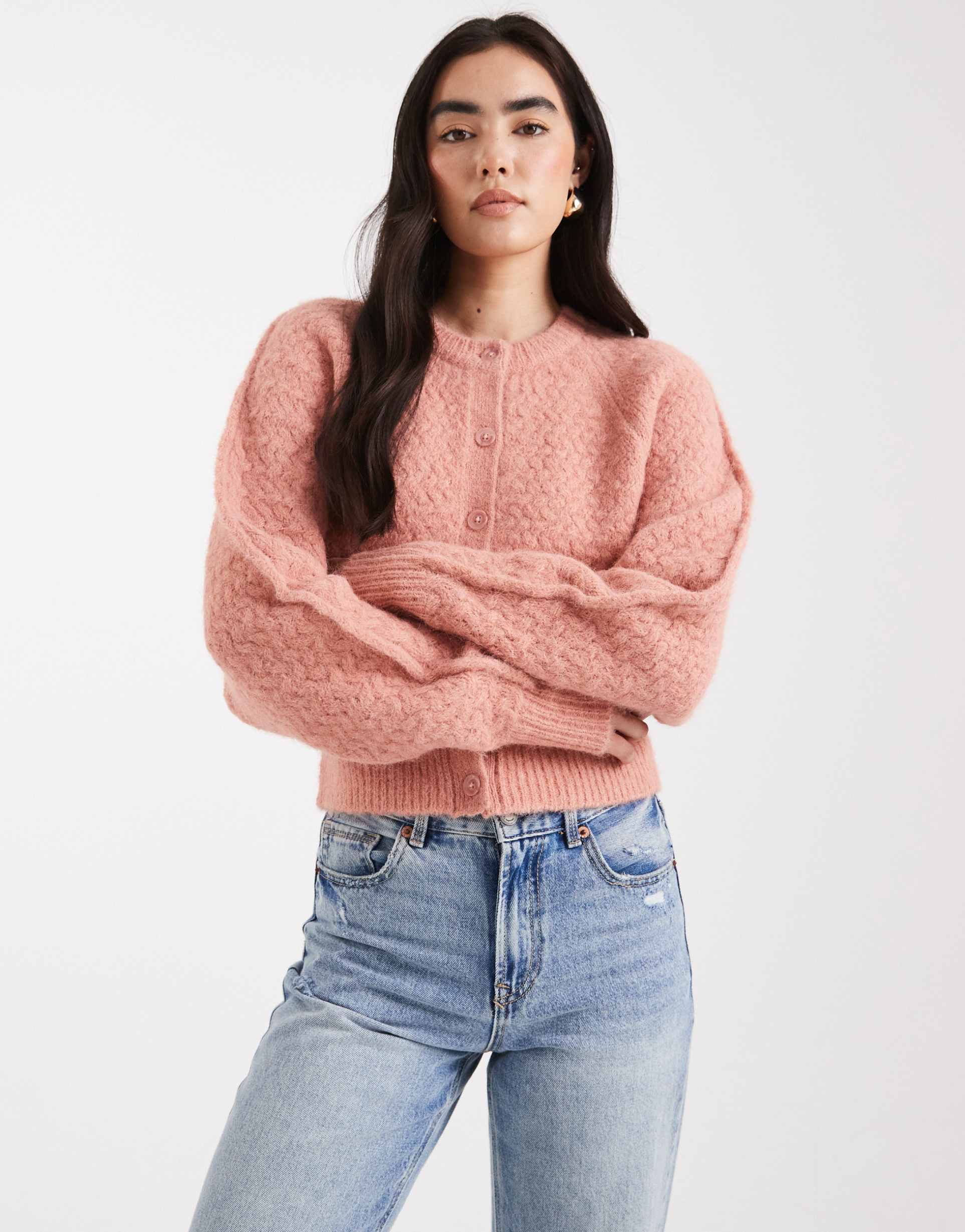 asos design crew neck cardigan with stitch detail in light pink