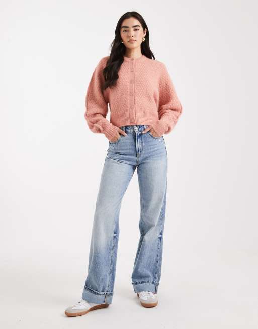 ASOS DESIGN crew neck cardigan with stitch detail in light pink, 3 of 4