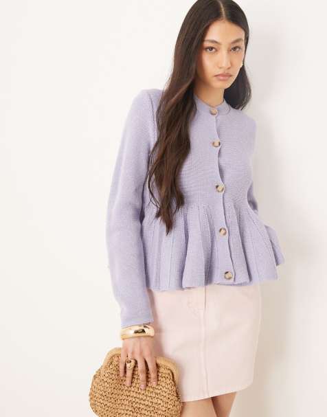 ASOS DESIGN crew neck cardigan with structured frill hem in blue