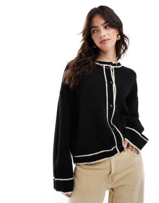 crew neck cardigan with tipping detail in black