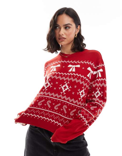 ASOS DESIGN crew neck christmas jumper with fairisle pattern in red and cream ASOS