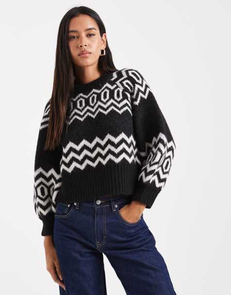 ASOS DESIGN crew neck clean structured fairisle jumper in black - view 1
