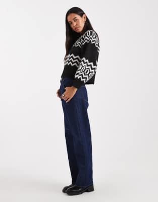 Asos Design Crew Neck Clean Structured Fairisle Sweater In Black