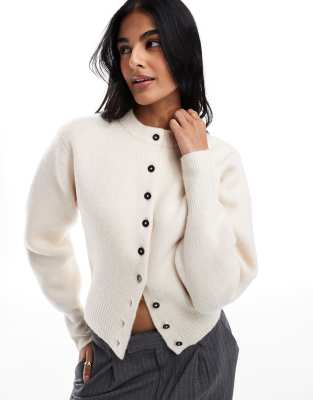 crew neck compact cardigan in cream-White