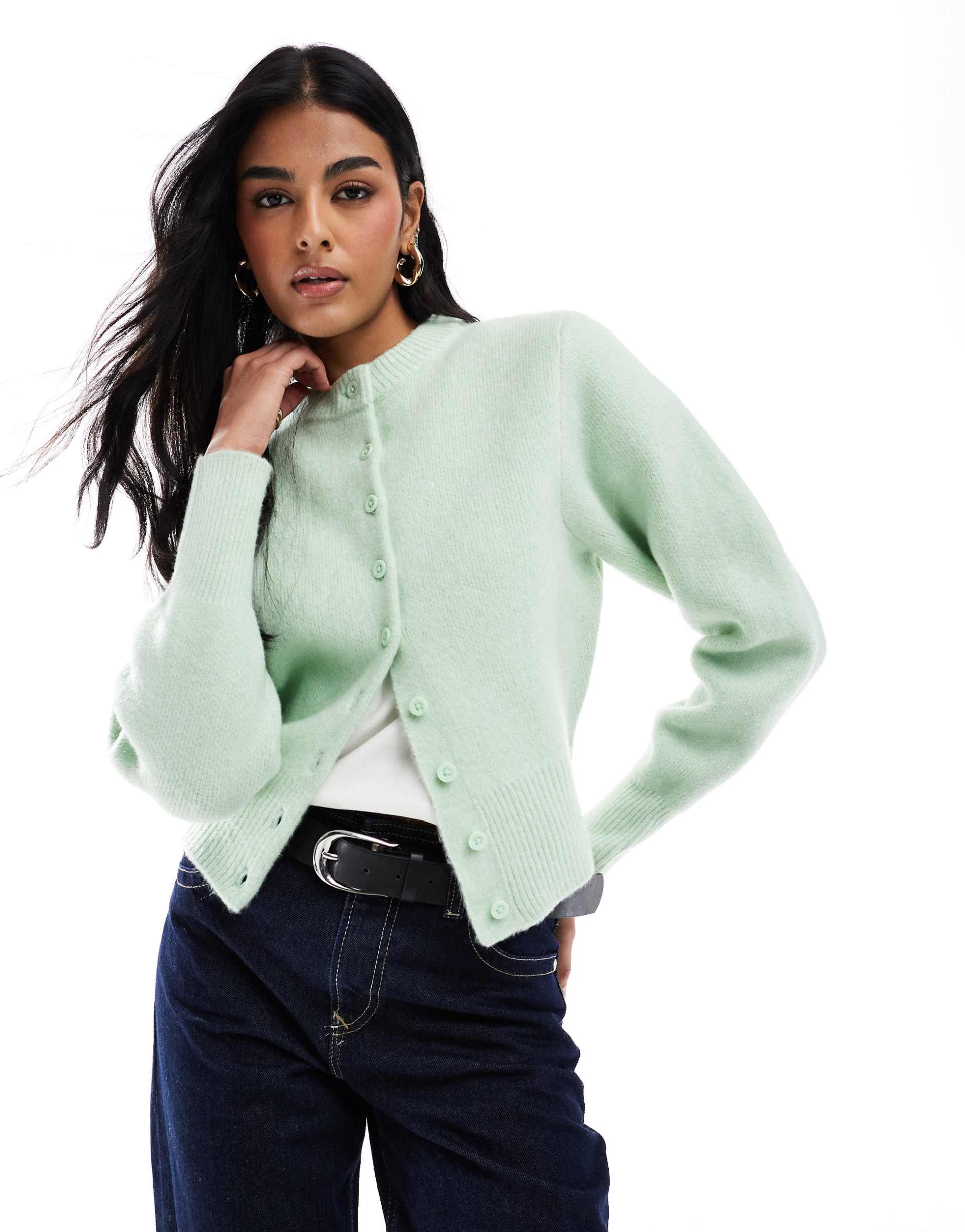 asos design crew neck compact cardigan in sage green