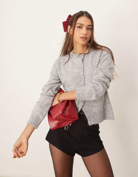 ASOS DESIGN crew neck crop cardigan with split hem in grey - view 1