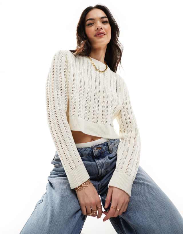 ASOS DESIGN - crew neck crop jumper in open stitch in cream