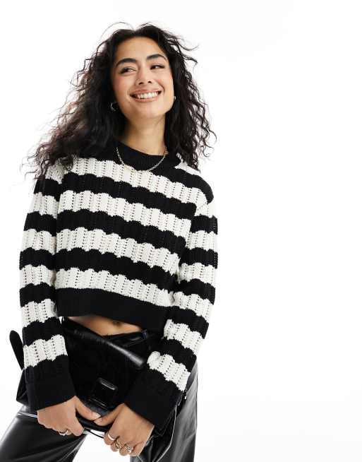 ASOS DESIGN crew neck crop jumper in open stitch in stripe