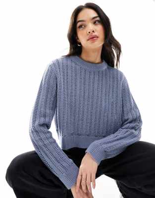 Asos Design Crew Neck Crop Sweater In Open Stitch In Blue