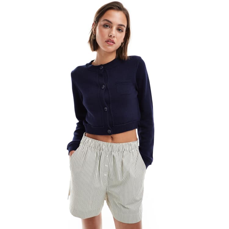 ASOS DESIGN crew neck cropped cardigan with pocket in cotton blend in navy ASOS