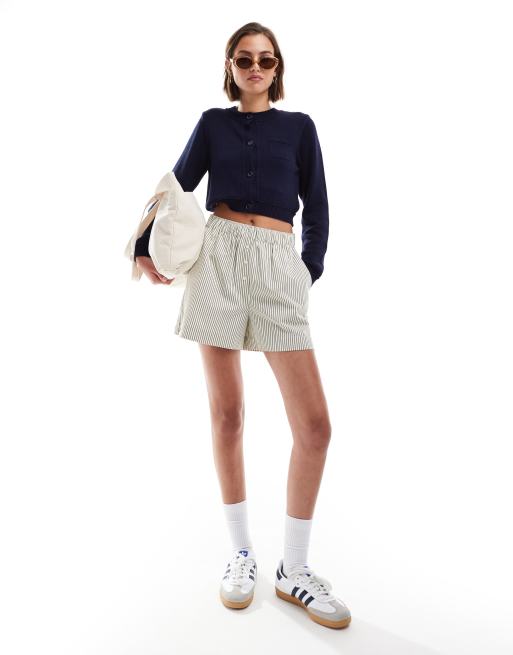 ASOS DESIGN crew neck cropped cardigan with pocket in cotton blend in navy, 2 of 4