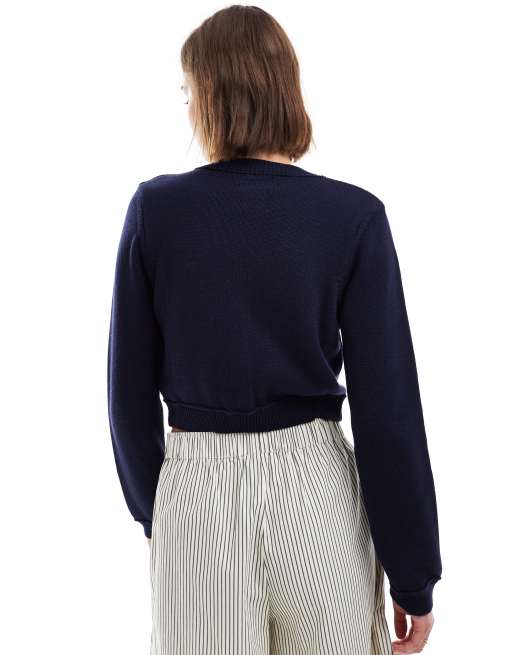 ASOS DESIGN crew neck cropped cardigan with pocket in cotton blend in navy, 4 of 4