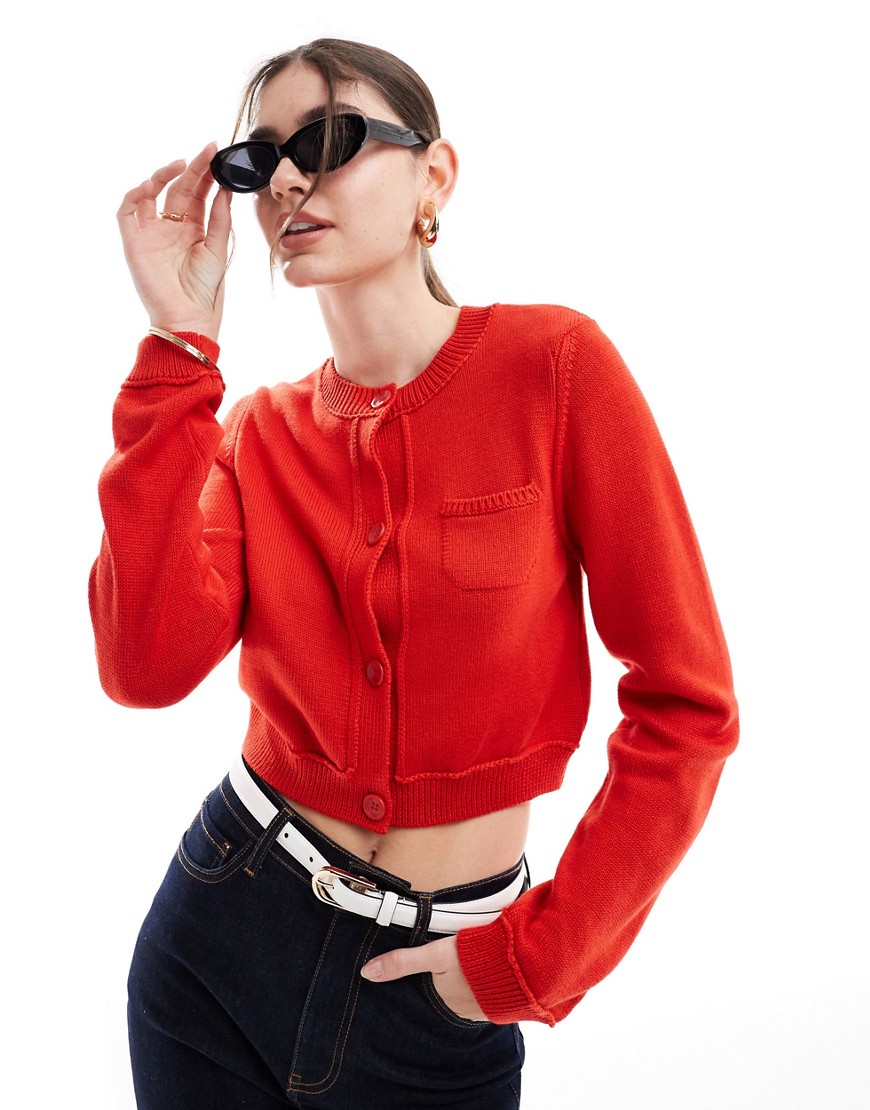 ASOS DESIGN crew neck cropped cardigan with pocket in cotton blend in red