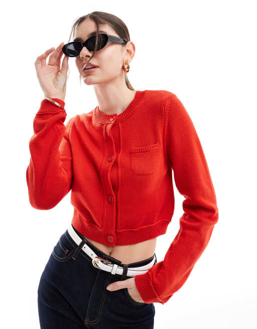  ASOS DESIGN crew neck cropped cardigan with pocket in cotton blend in red